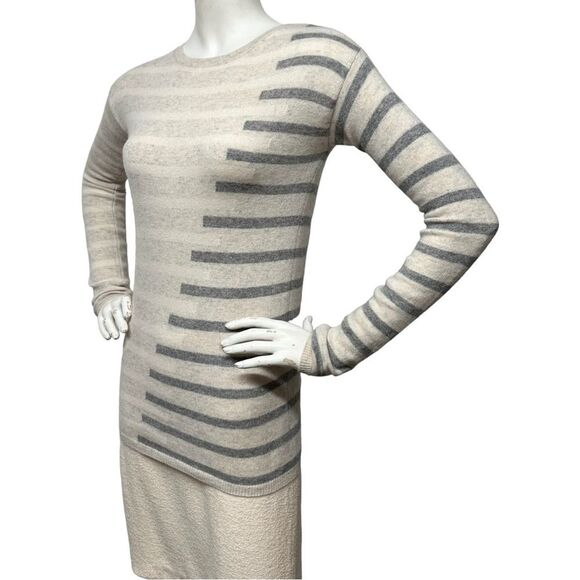 NEIMAN MARCUS 100% Cashmere Striped Pullover Sweater Heather Gray Vanilla XS - Picture 3 of 10
